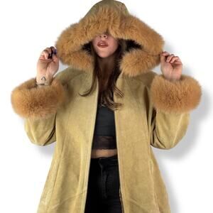 Vintage Italian tan suede hooded Penny Lane shearling with fox fur trim MARCIA